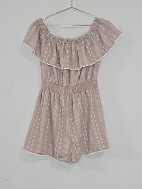 Pink Lily Boho Floral Stripe Romper M Off Shoulder Pom Pom Trim Tan Festival